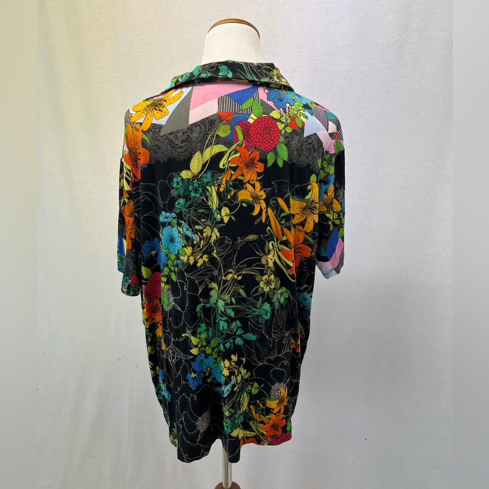 Johnny Was Black Floral Bamboo Jersey Nero Sequence Short Sleeve Polo Top Sz. 1X - Picture 5 of 6